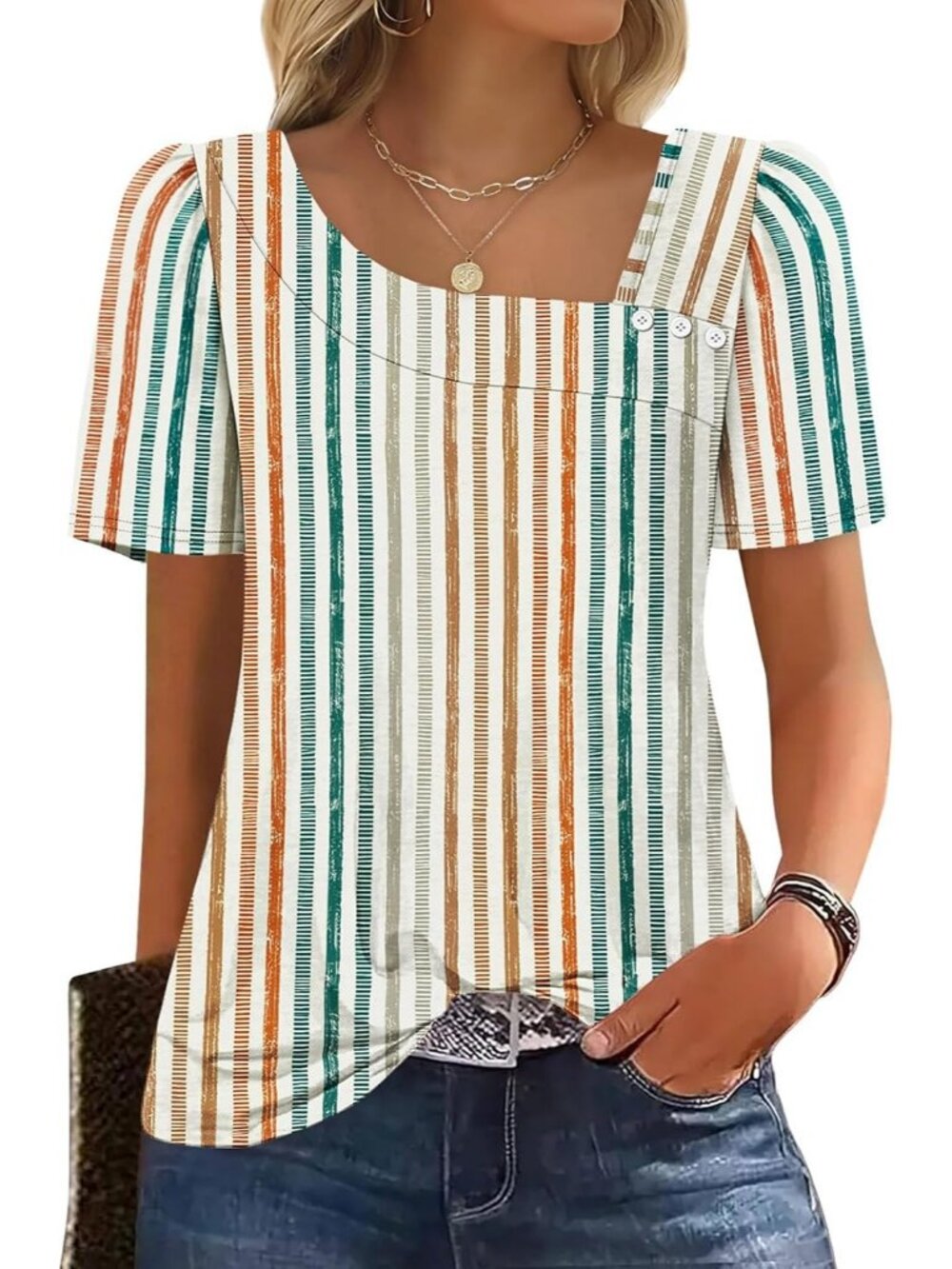 Women's Stripes Orange Square Neck Blouse Summer Casual Short Sleeve Spring Top